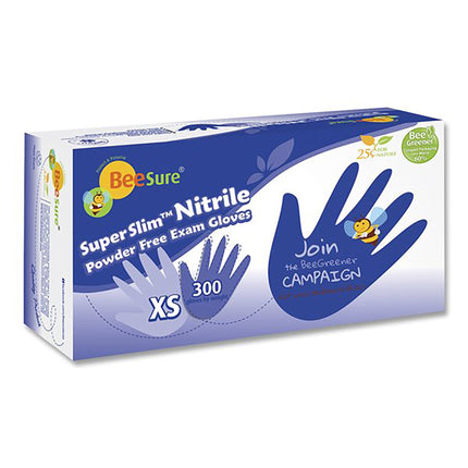 BeeSure SuperSlim Nitrile PF Exam Glove Blue XS (300)